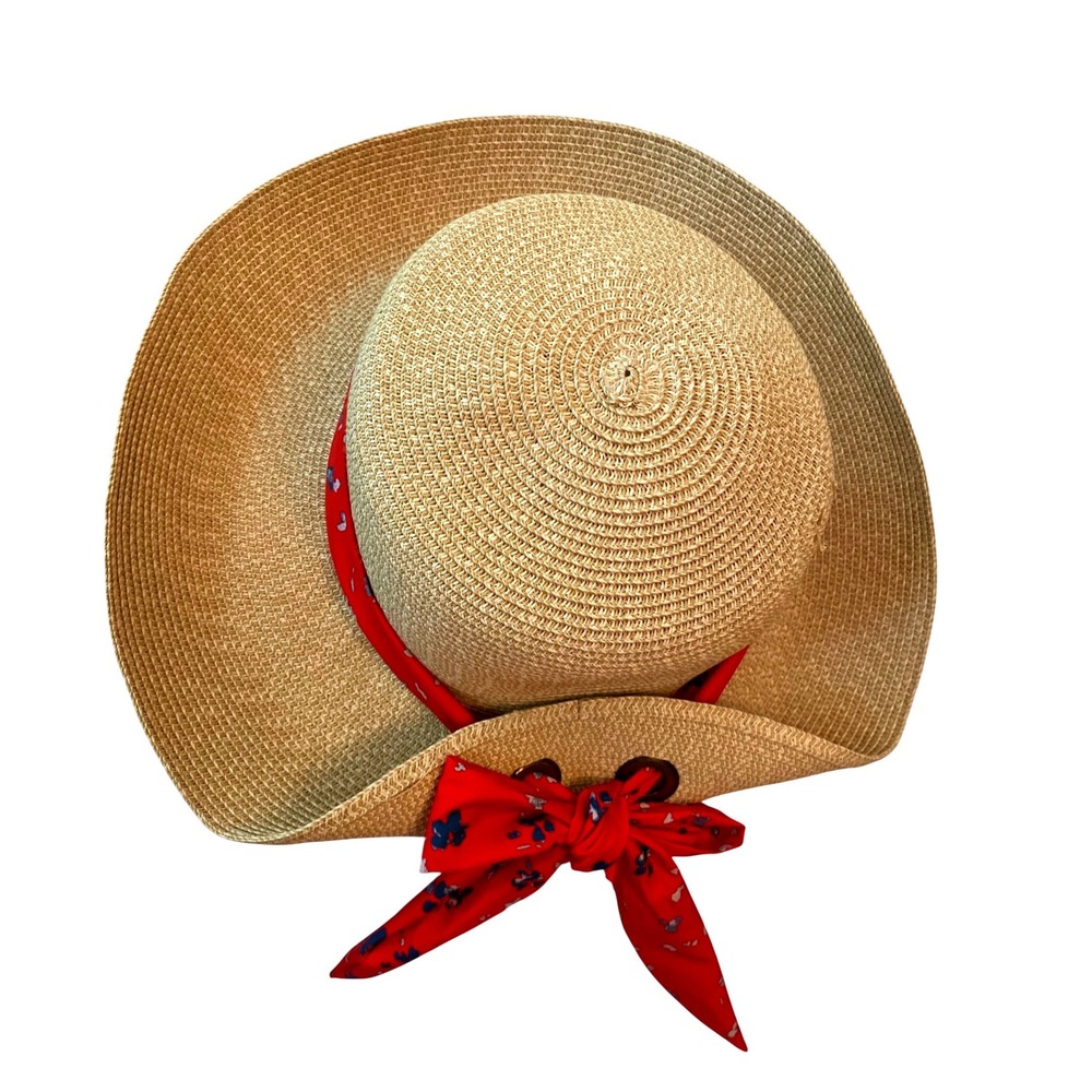 Nine West Womens Tan Straw‎ Sun Hat Red Floral Scarf Tie Wide Brim Floppy Beach